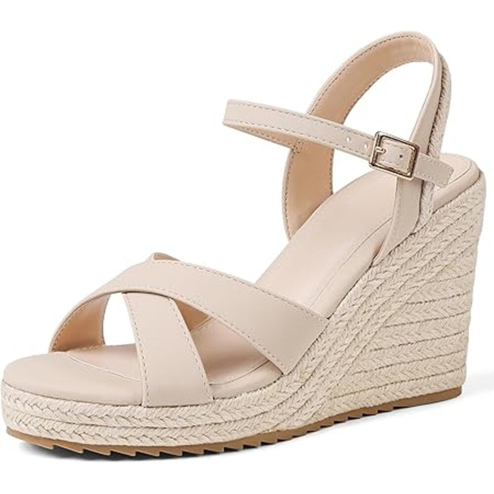 New Mikarka Womens Size 8.5 Tan Open Toe 4" Wedge Espadrille Sandal Shoes